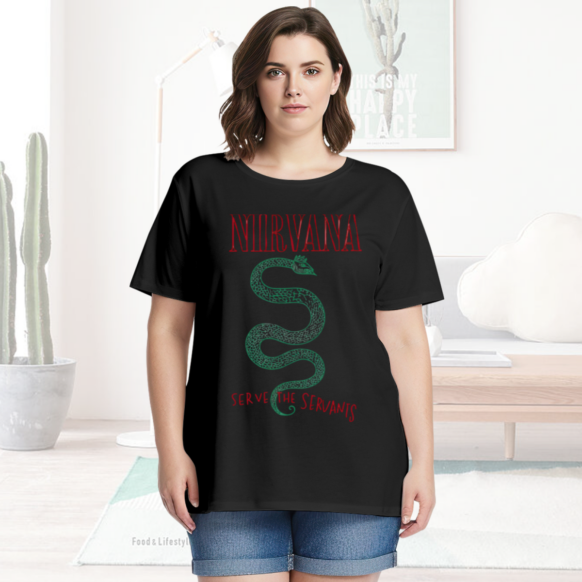 Graphic T-shirt product image with serve the servants green snake artwork