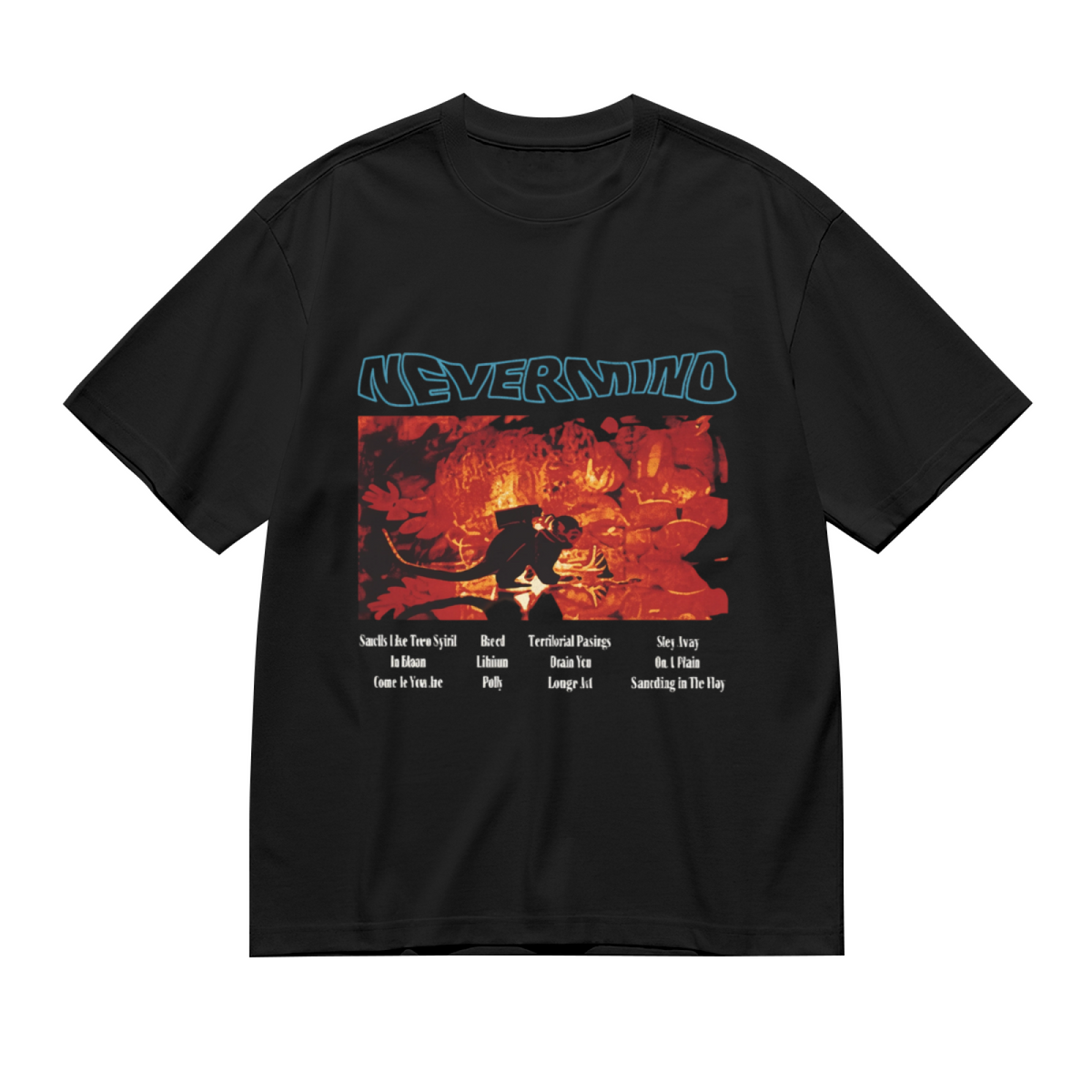 Graphic T-shirt product image with nevermind red art tracklist artwork