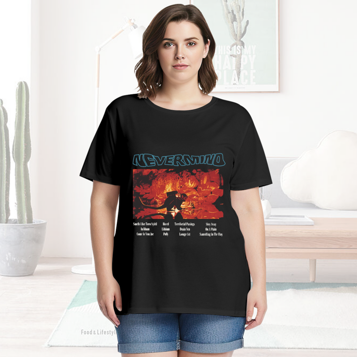 Graphic T-shirt product image with nevermind red art tracklist artwork
