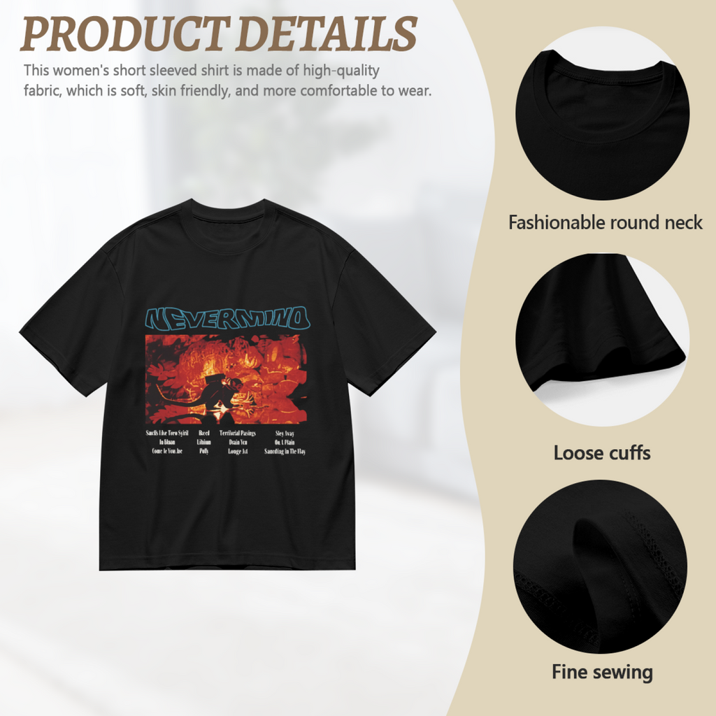 Graphic T-shirt product image with nevermind red art tracklist artwork