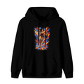 A shield-bearing warrior with a lasso amid jagged multicolored paint strokes shown on the front of a men's hoodie in a standalone product shot