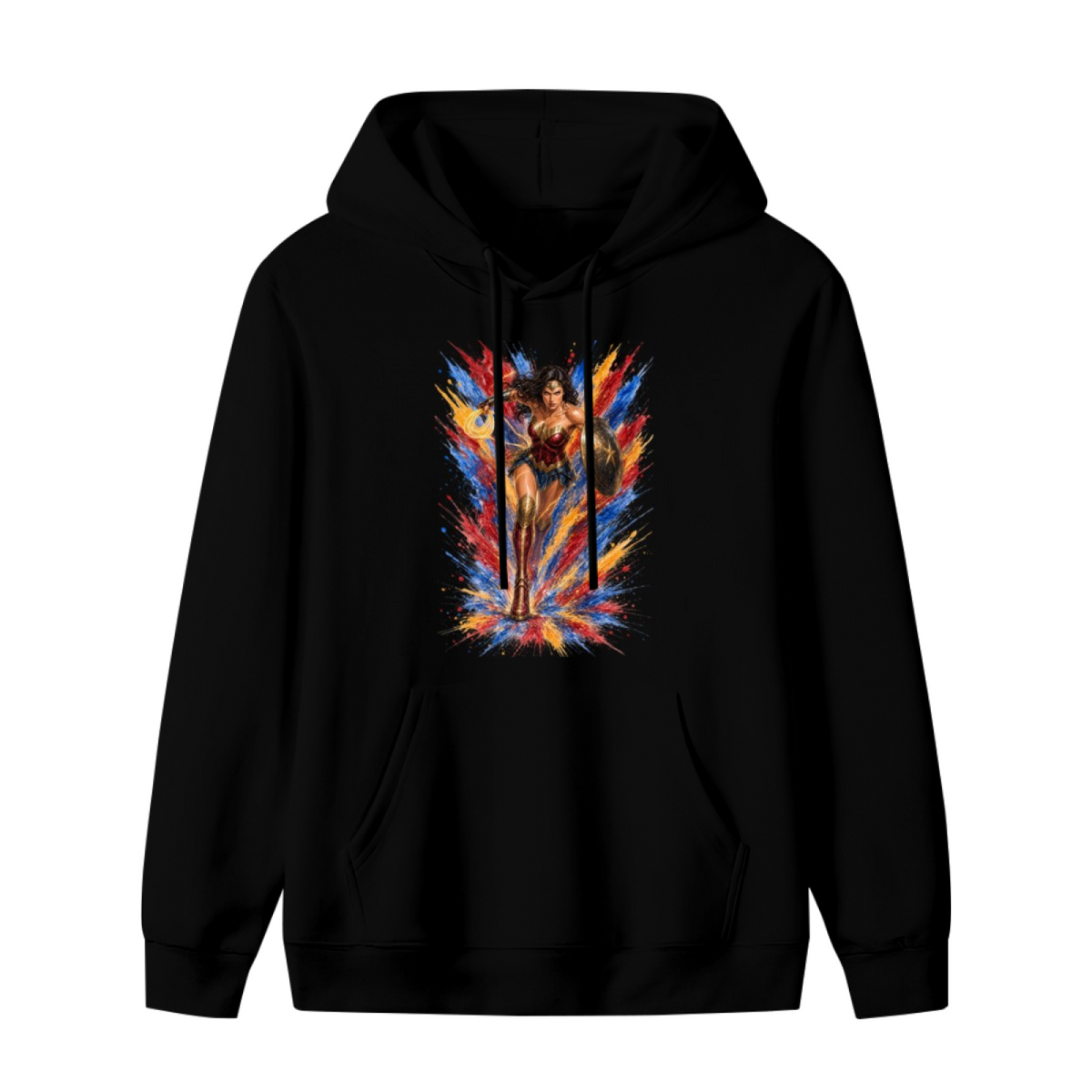 A shield-bearing warrior with a lasso amid jagged multicolored paint strokes shown on the front of a men's hoodie in a standalone product shot