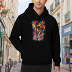 Outdoor photograph of a model in a men's hoodie bearing a shield-bearing warrior with a lasso amid jagged multicolored paint strokes