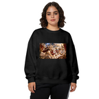 Studio photograph of a model in a women's crewneck sweatshirt showing a fantasy duel amid lightning inside an ornate palace hall