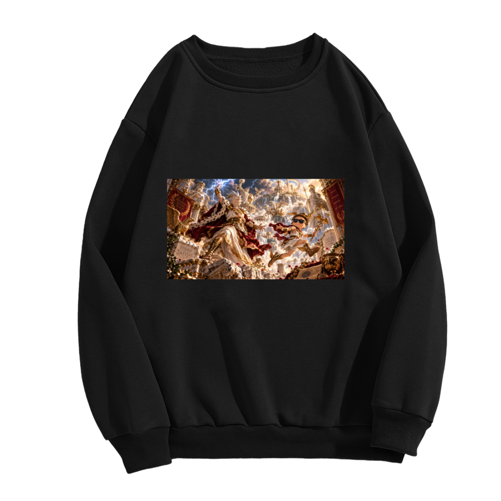 Standalone women's crewneck sweatshirt front displaying a graphic of a fantasy duel amid lightning inside an ornate palace hall