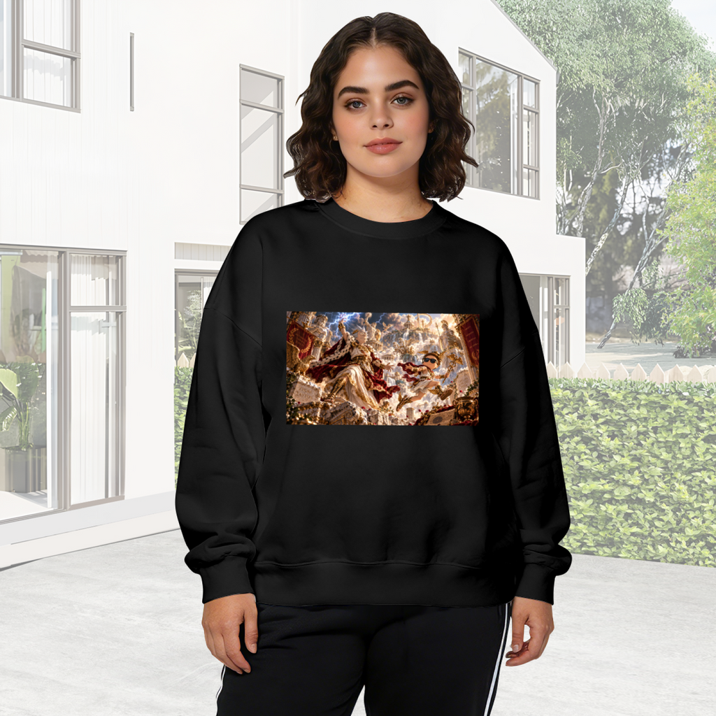 Women's crewneck sweatshirt worn outside, with the camera facing the graphic of a fantasy duel amid lightning inside an ornate palace hall