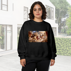 Women's crewneck sweatshirt worn outside, with the camera facing the graphic of a fantasy duel amid lightning inside an ornate palace hall