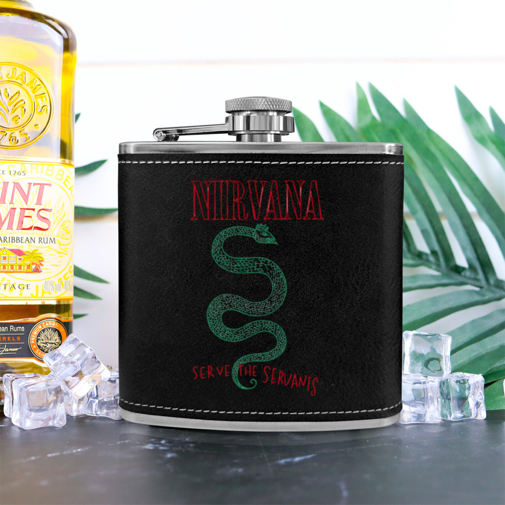 Nirvana Serve the Servants 6oz vintage-style stainless steel hip flask product image