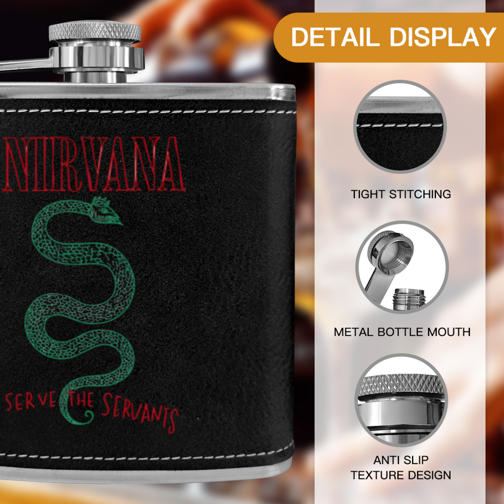Nirvana Serve the Servants 6oz vintage-style stainless steel hip flask product image