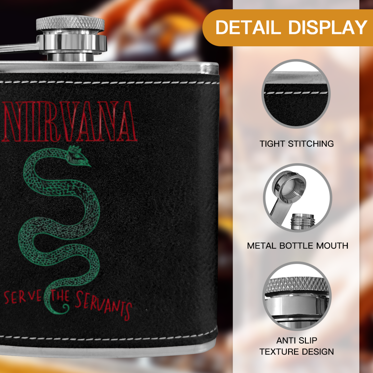 Nirvana Serve the Servants 6oz vintage-style stainless steel hip flask product image