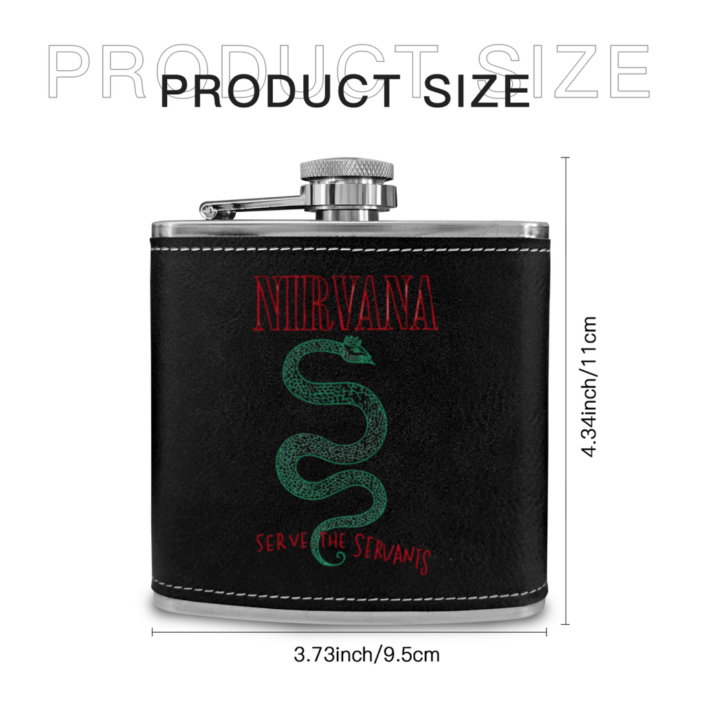 Nirvana Serve the Servants 6oz vintage-style stainless steel hip flask product image