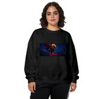 Front-facing model wearing a women's crewneck sweatshirt decorated with a flying caped figure across a narrow deep-blue cosmic scene