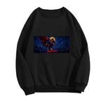 A flying caped figure across a narrow deep-blue cosmic scene shown on the front of a women's crewneck sweatshirt in a standalone product shot