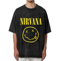 Nirvana Classic Smiley Logo Washed Tee in Black, product image showing the classic yellow Nirvana smiley-face logo in a grunge-inspired layout.