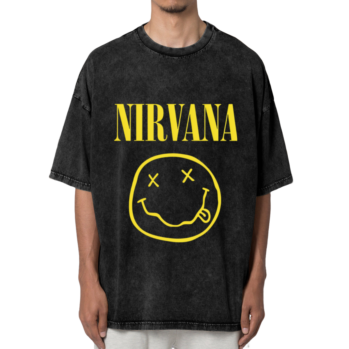 Nirvana Classic Smiley Logo Washed Tee in Black, product image showing the classic yellow Nirvana smiley-face logo in a grunge-inspired layout.