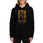 A tall graffiti-style cowl portrait with a green X across the eyes printed on a women's hoodie, shown in a front model photo