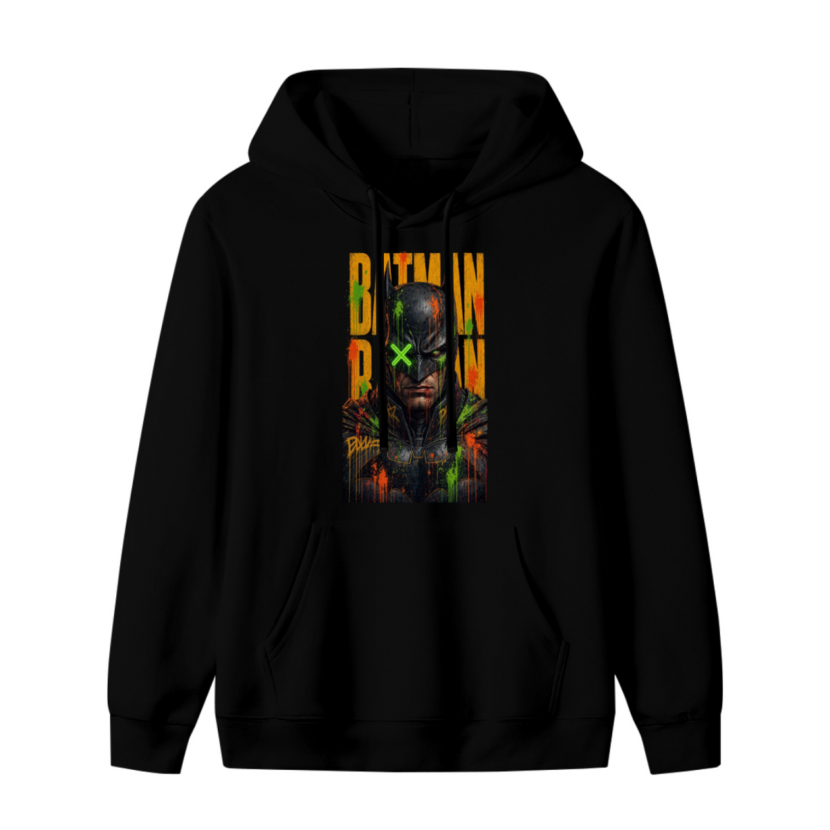 Unworn women's hoodie, front view of the design depicting a tall graffiti-style cowl portrait with a green X across the eyes
