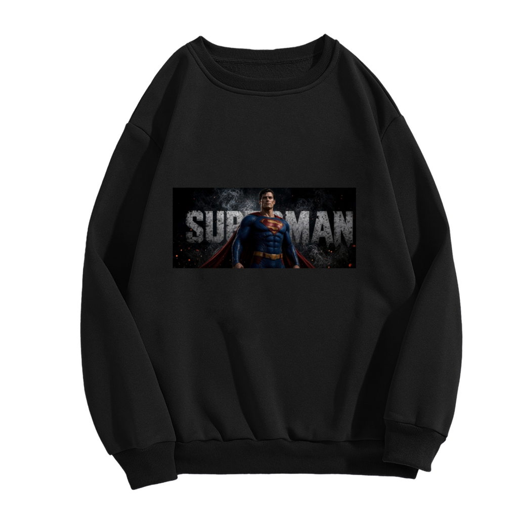 Front garment photograph: women's crewneck sweatshirt decorated with a classic caped portrait in a horizontal banner with prominent lettering