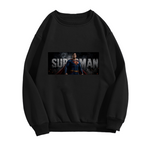 Front garment photograph: women's crewneck sweatshirt decorated with a classic caped portrait in a horizontal banner with prominent lettering