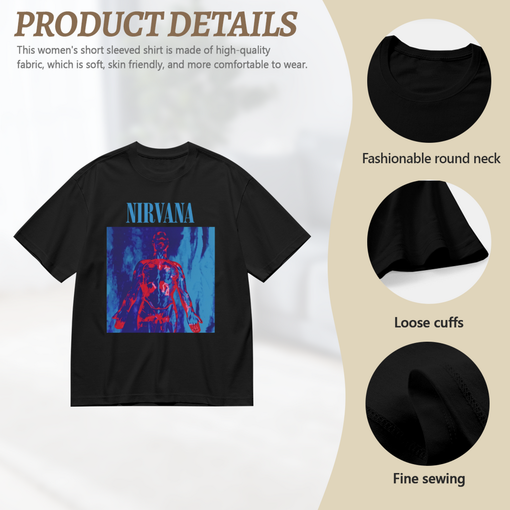 Graphic T-shirt product image with anatomical figure red blue artwork