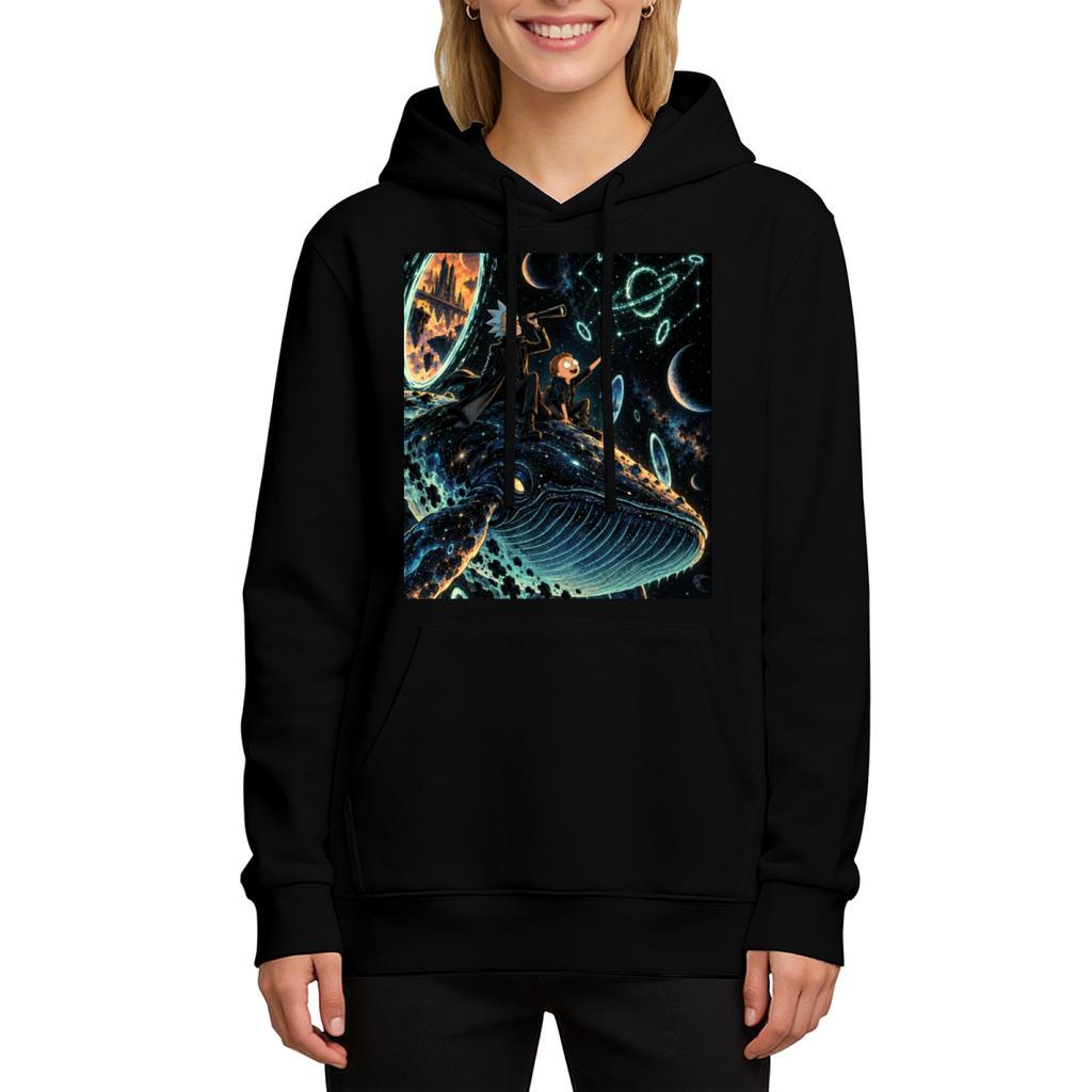 Front-facing model wearing a women's hoodie decorated with whale riders drifting among stars and luminous rings