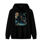 Whale riders drifting among stars and luminous rings shown on the front of a women's hoodie in a standalone product shot