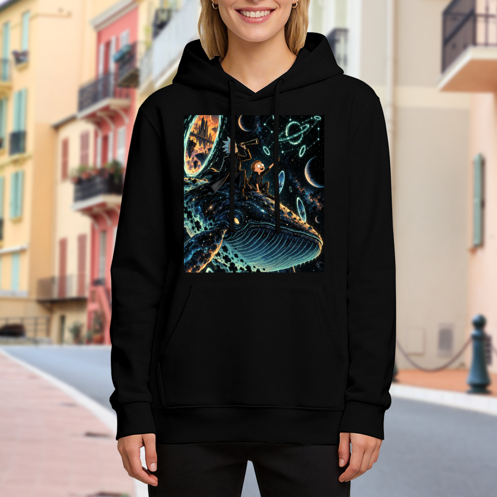 Outdoor photograph of a model in a women's hoodie bearing whale riders drifting among stars and luminous rings