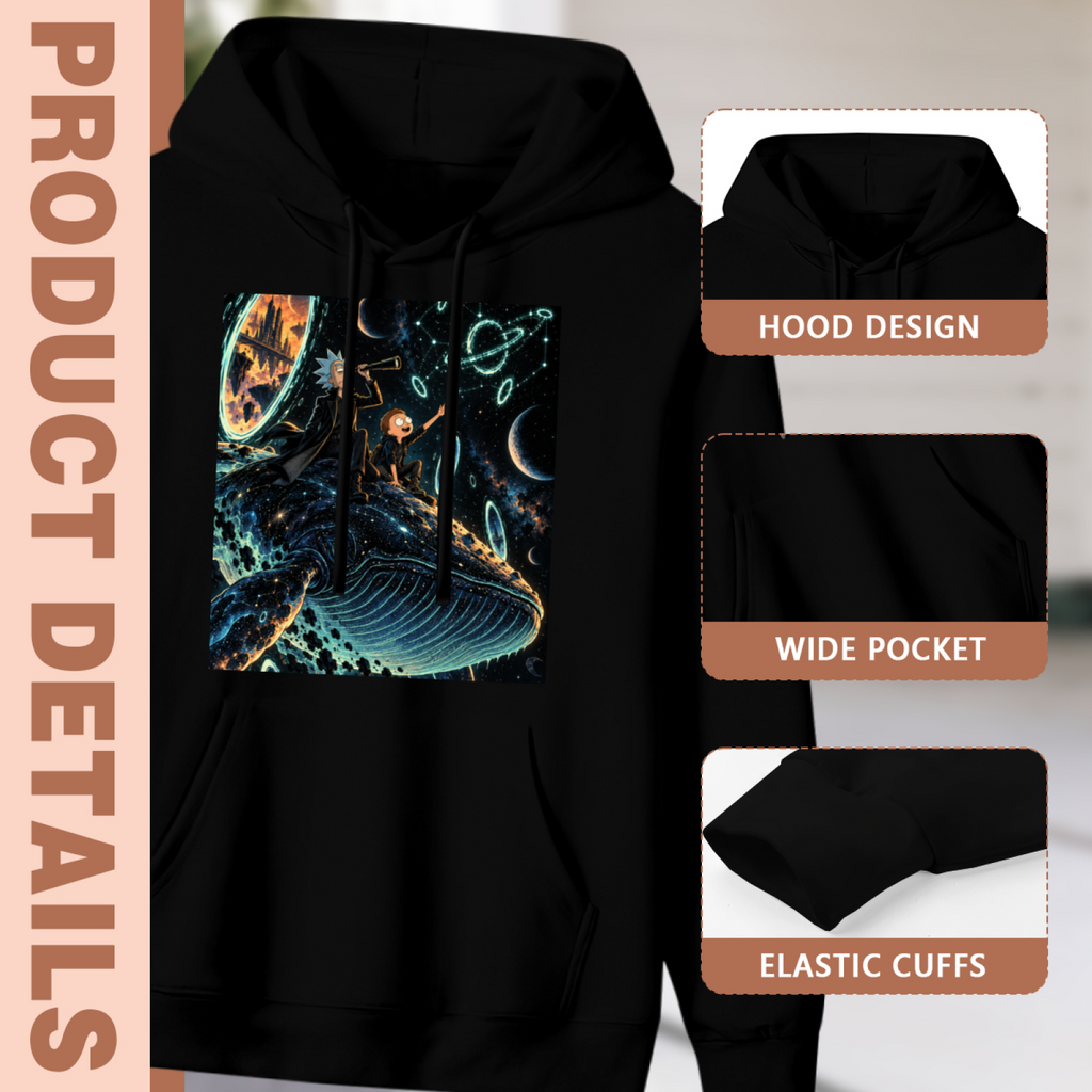 Hood, pouch pocket and sleeve-cuff detail images accompanying the women's Whale Ride through the Rings hoodie