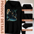 Hood, pouch pocket and sleeve-cuff detail images accompanying the women's Whale Ride through the Rings hoodie
