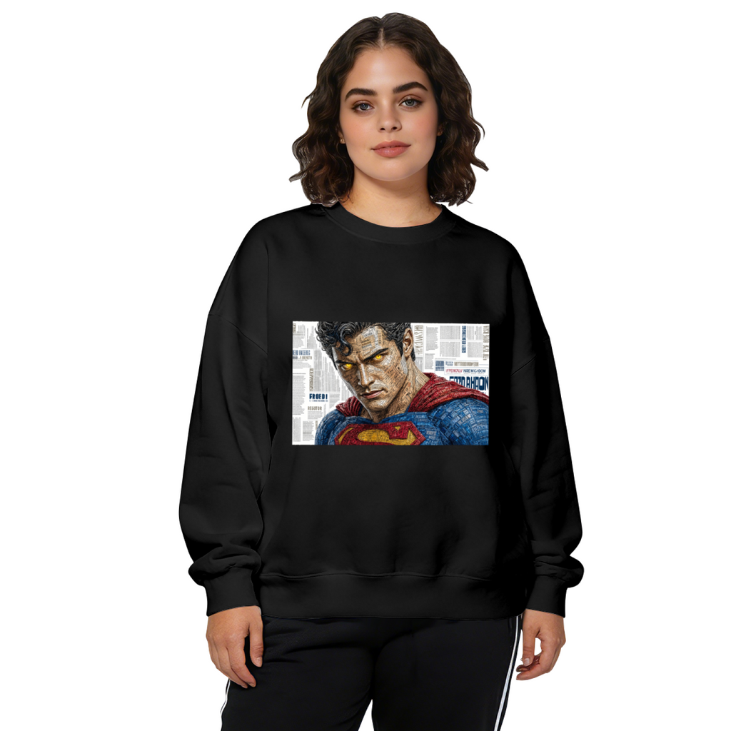 Women's crewneck sweatshirt seen on a model, its front graphic depicting a tightly cropped intense face above a cape against newsprint