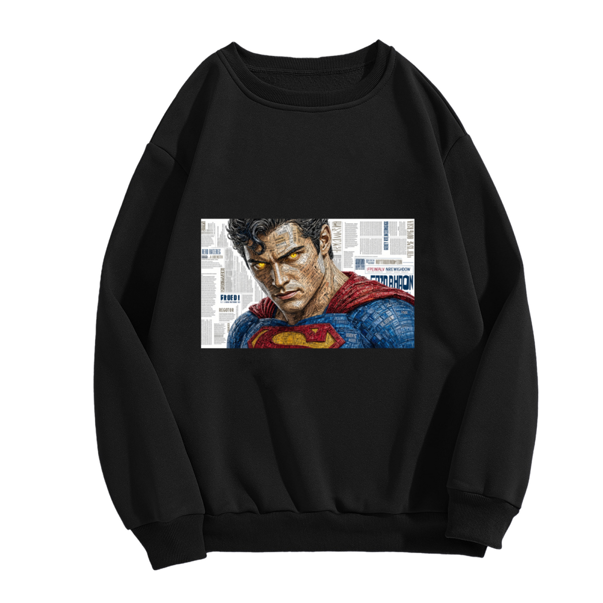 Front garment photograph: women's crewneck sweatshirt decorated with a tightly cropped intense face above a cape against newsprint