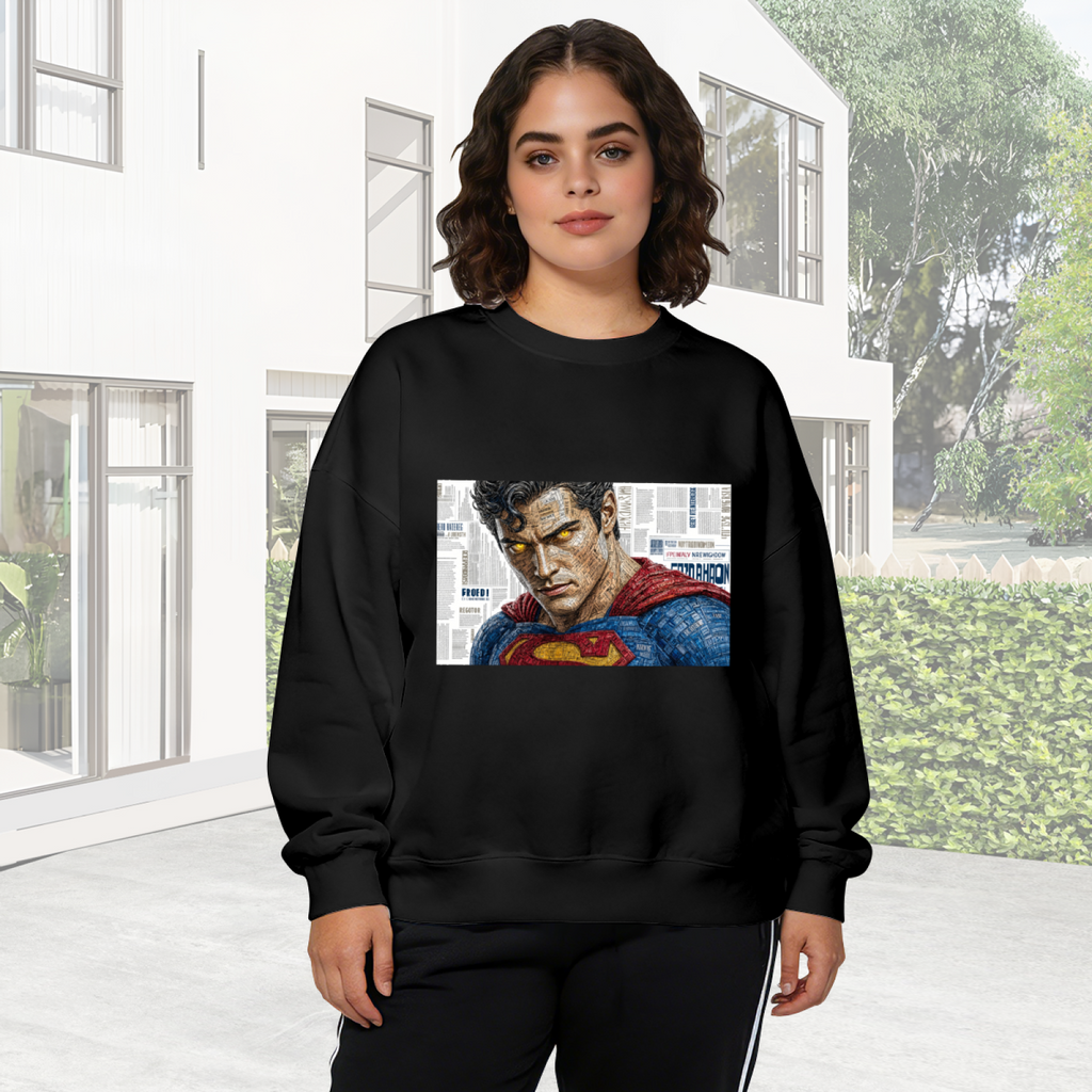 A tightly cropped intense face above a cape against newsprint visible on a women's crewneck sweatshirt in an outdoor front model view