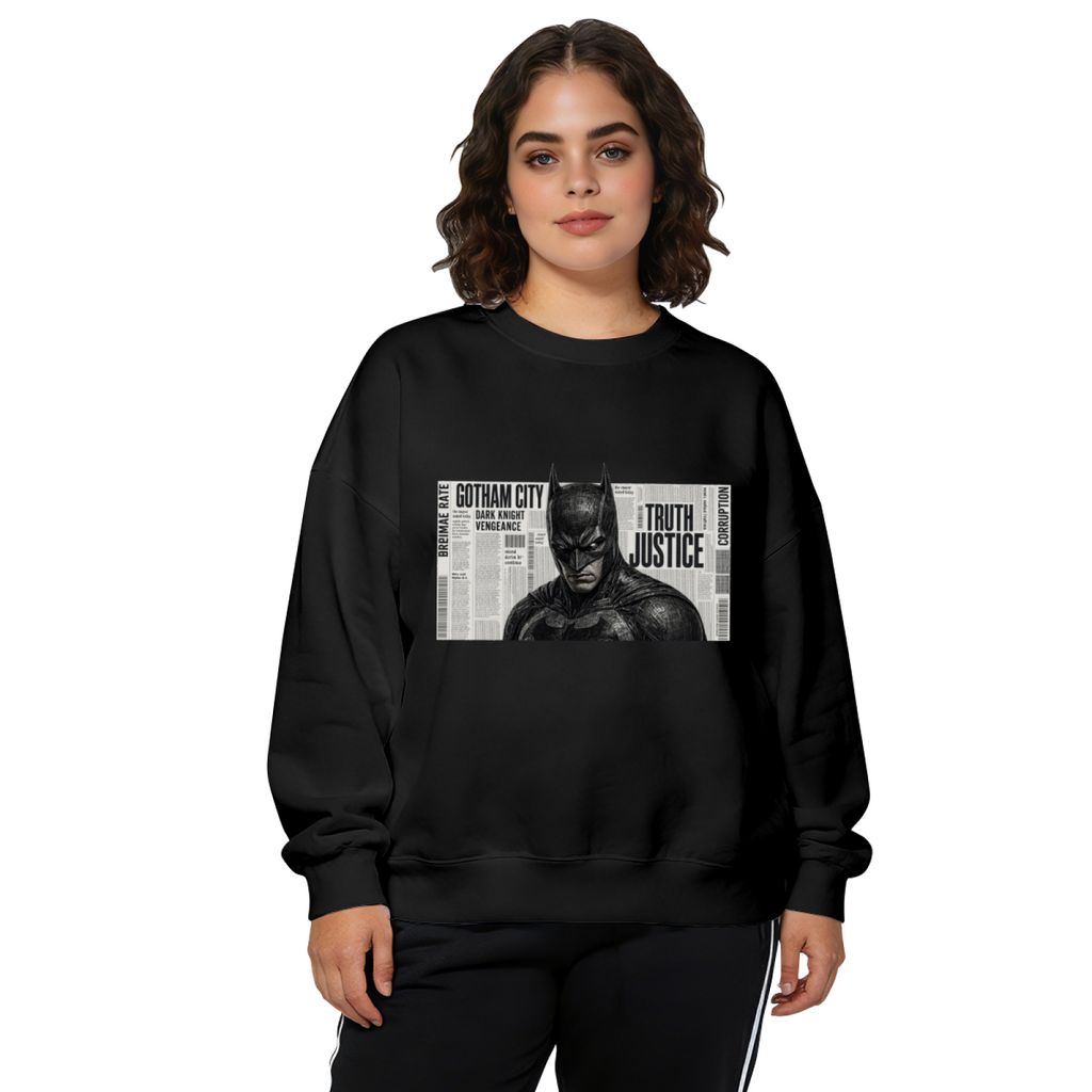 A monochrome cowl portrait layered over a newspaper-style panel printed on a women's crewneck sweatshirt, shown in a front model photo