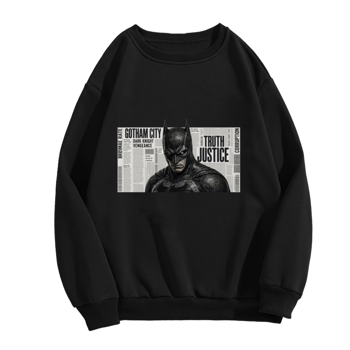 Unworn women's crewneck sweatshirt, front view of the design depicting a monochrome cowl portrait layered over a newspaper-style panel