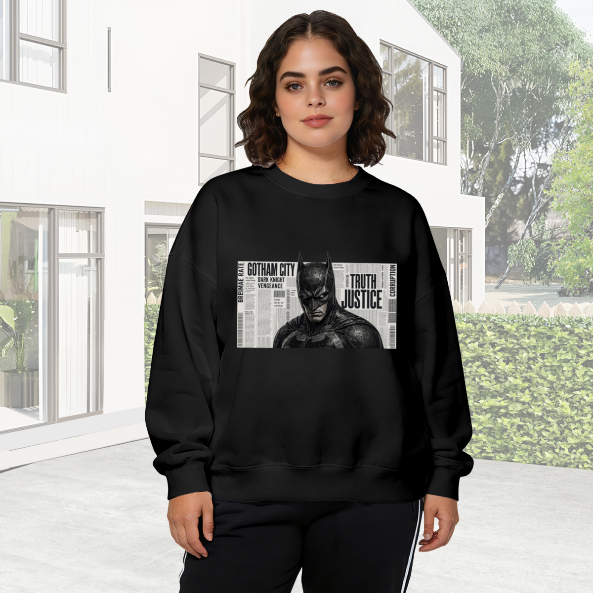On-location model photograph displaying a monochrome cowl portrait layered over a newspaper-style panel on the front of a women's crewneck sweatshirt