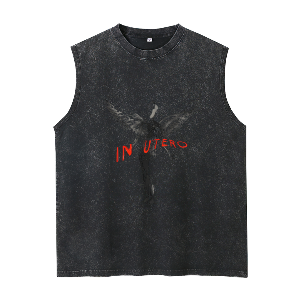 Nirvana In Utero Dark Angel Unisex Washed Tank Top — product image showing the a dark-toned In Utero angel illustration design
