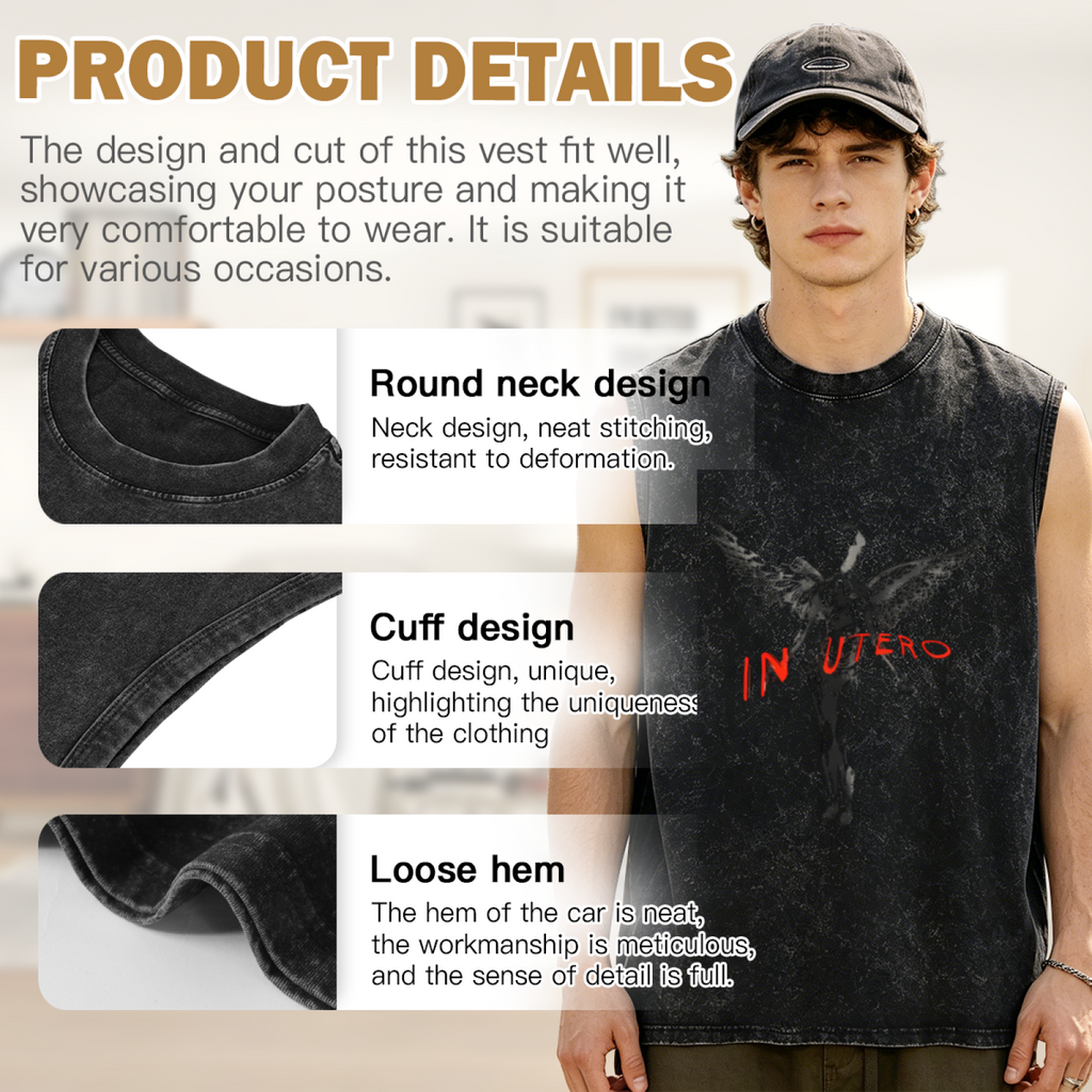 Nirvana In Utero Dark Angel Unisex Washed Tank Top — product image showing the a dark-toned In Utero angel illustration design