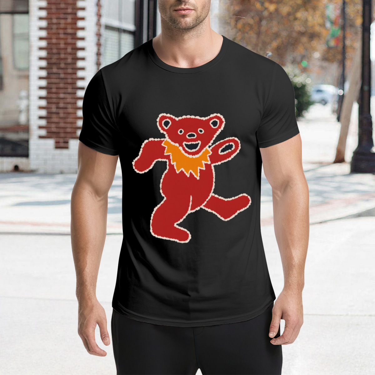 Grateful Dead Blue tie-dye featuring a red Dancing Bear with an orange collar and white graphic T-shirt product image