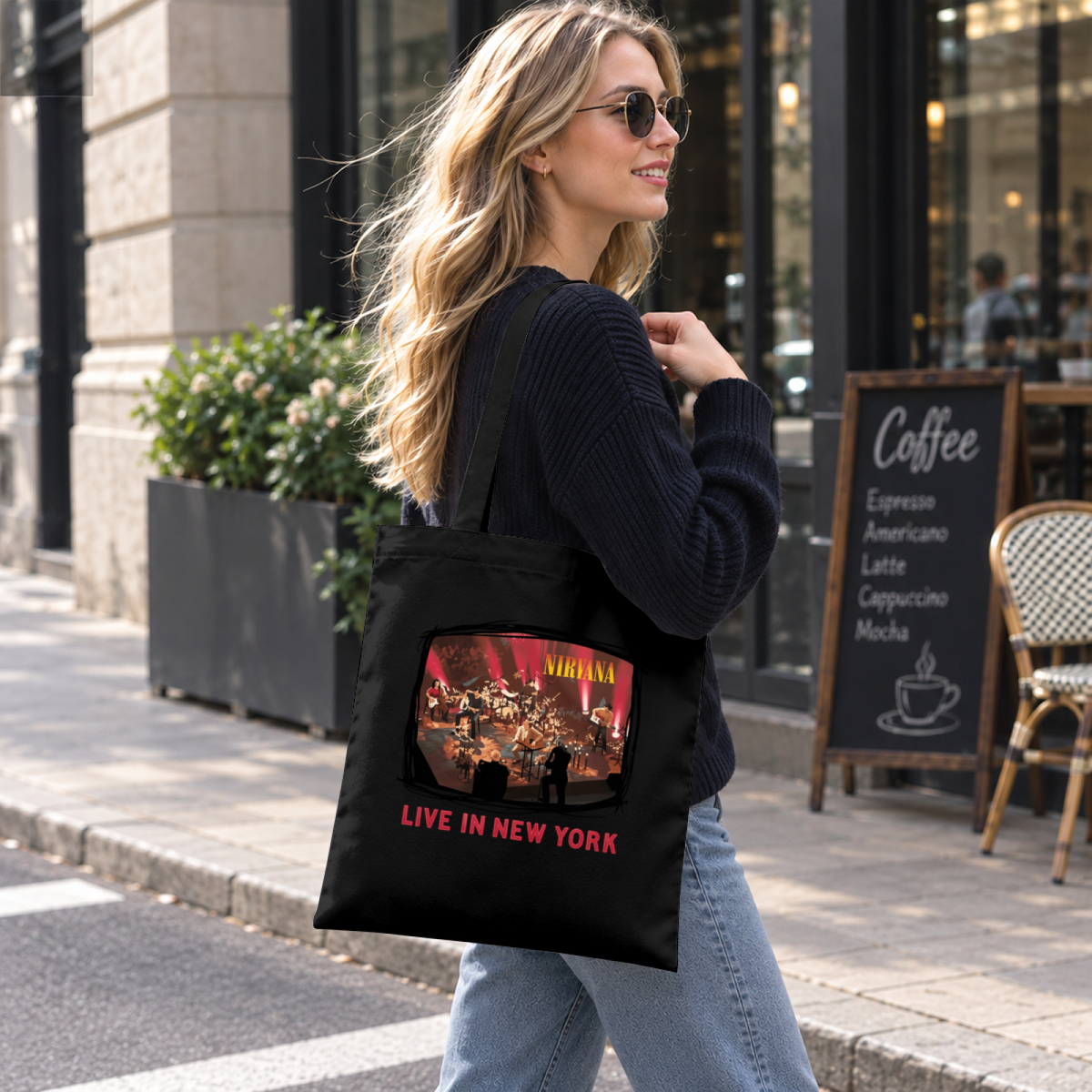 Nirvana Live in New York Canvas Tote Bag — a live-in-New-York performance theme