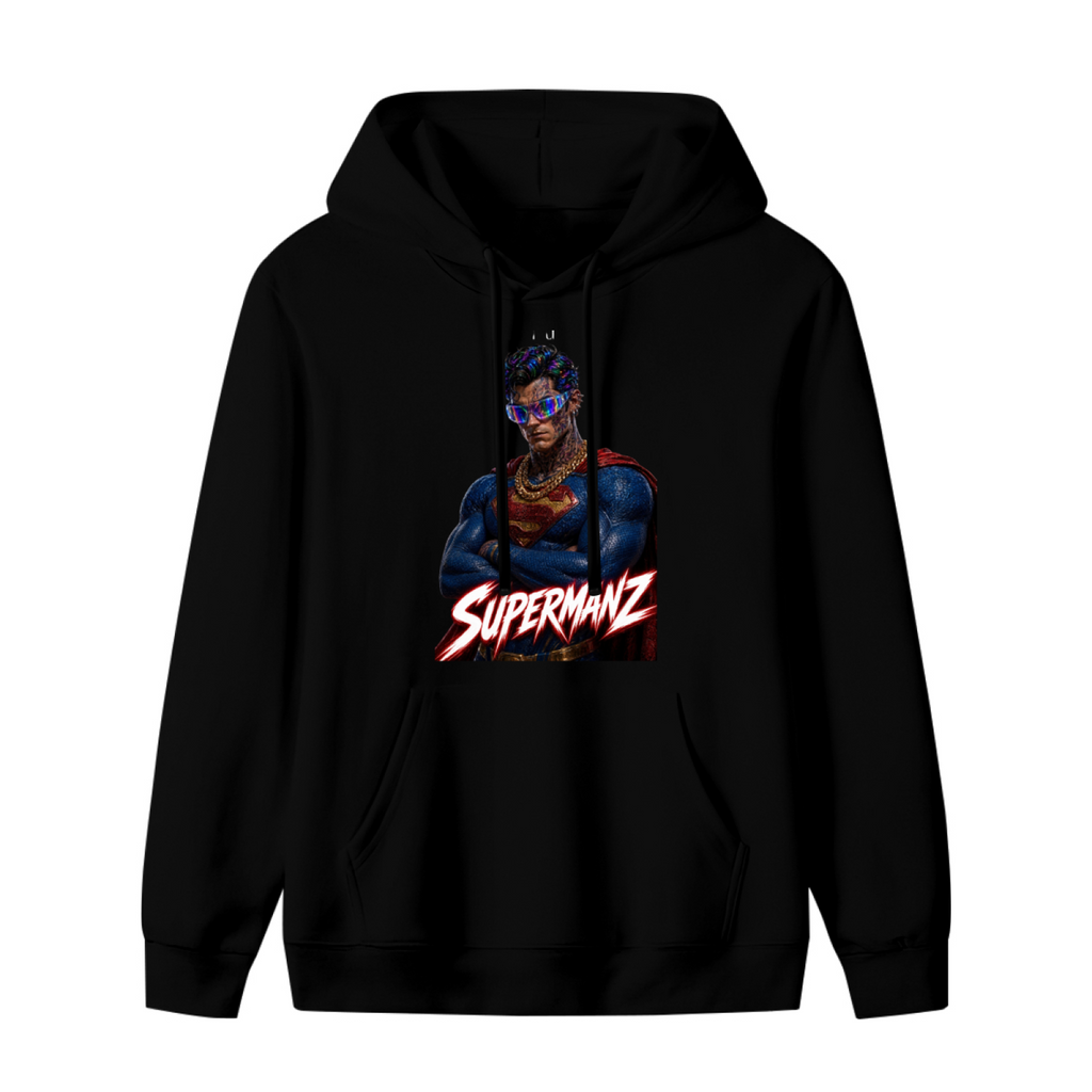 Standalone women's hoodie front displaying a graphic of a caped portrait wearing a futuristic visor