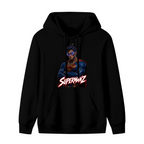 Standalone women's hoodie front displaying a graphic of a caped portrait wearing a futuristic visor
