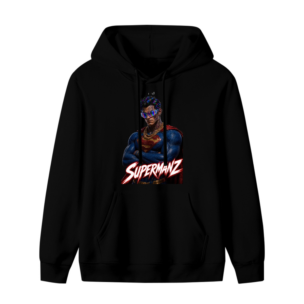 Standalone women's hoodie front displaying a graphic of a caped portrait wearing a futuristic visor