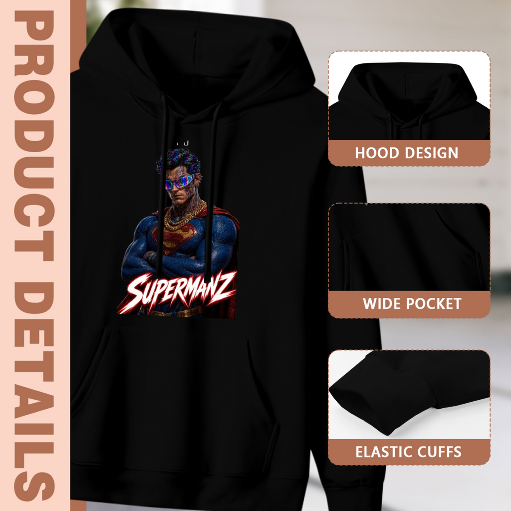 Construction-detail card for the women's Caped Face in Future Shades hoodie, including the hood, front pouch and cuff edges