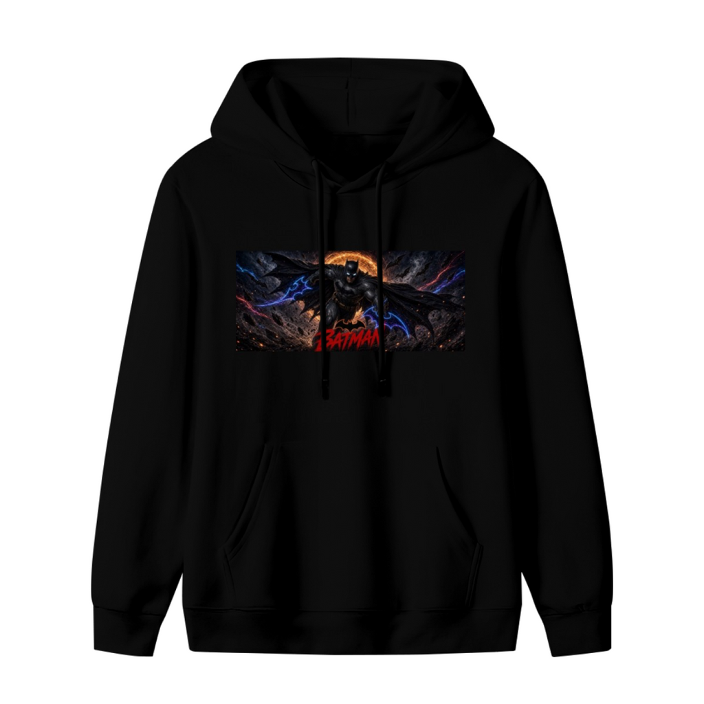 Men's hoodie photographed alone, with a winged figure stretched across a wide eclipse-like backdrop on the front
