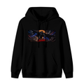 Men's hoodie photographed alone, with a winged figure stretched across a wide eclipse-like backdrop on the front