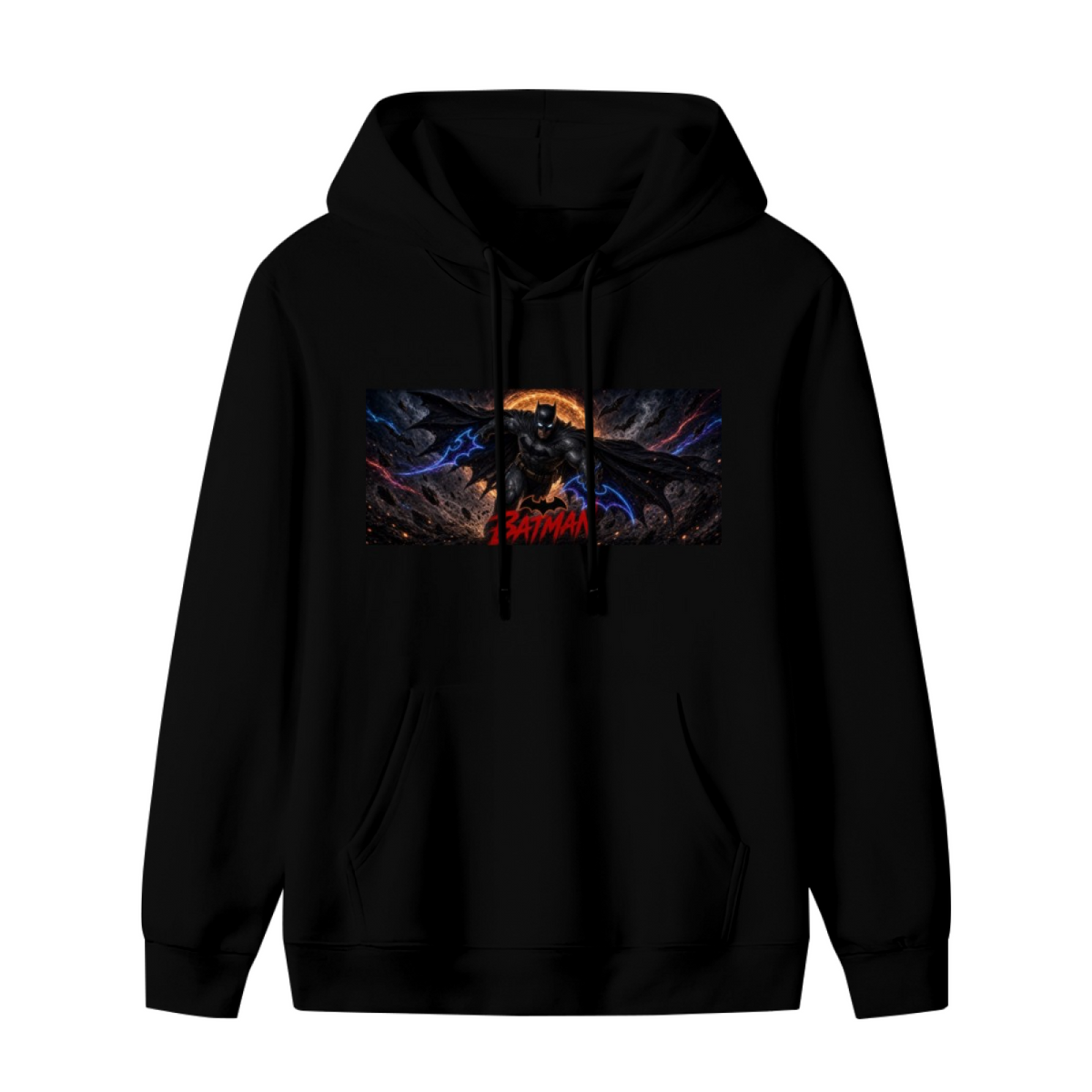 Men's hoodie photographed alone, with a winged figure stretched across a wide eclipse-like backdrop on the front