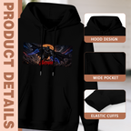 Feature collage for the men's Eclipse behind Open Wings hoodie: hood shape, pouch pocket and cuff finishing