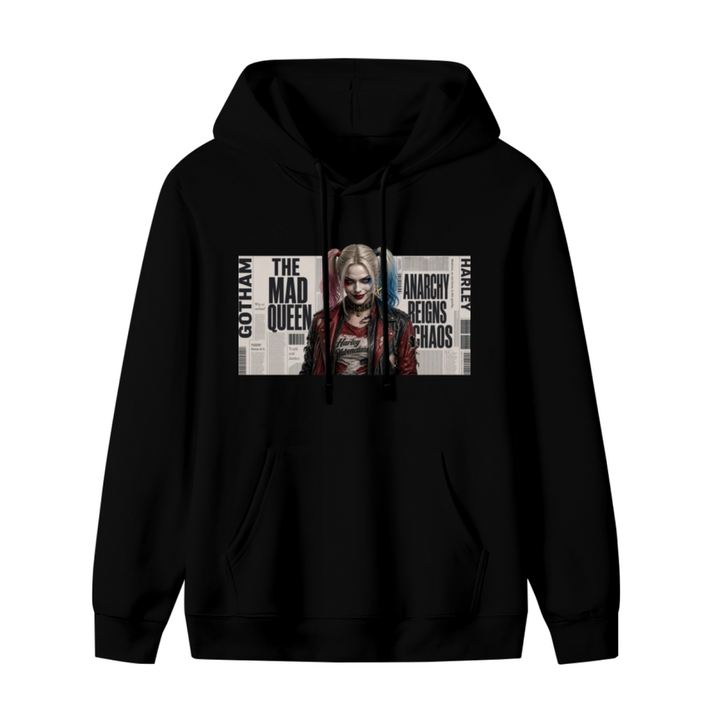 Front garment photograph: men's hoodie decorated with a pigtail portrait layered over rectangular newspaper-style lettering