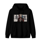 Front garment photograph: men's hoodie decorated with a pigtail portrait layered over rectangular newspaper-style lettering