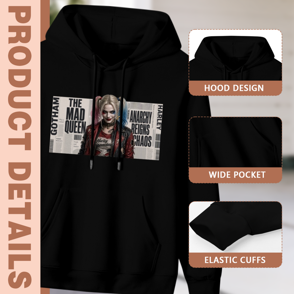 Men's Pigtail Face over Headlines hoodie product-feature illustration with close views of the hood, pocket and cuffs